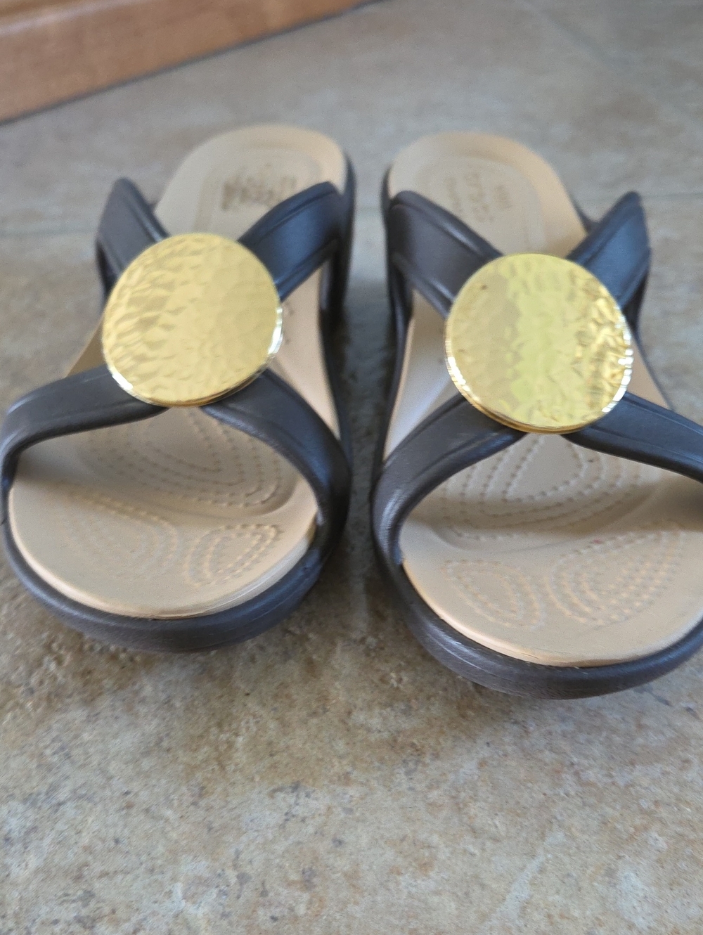 CROCS Dual Brown with Gold Medallion Sandals - Picture 9 of 9